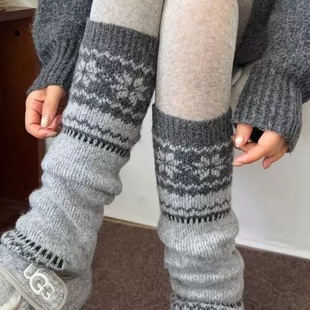 复古费尔岛袜套女秋冬羊毛加厚保暖针织小腿套灰色堆堆袜配雪地靴