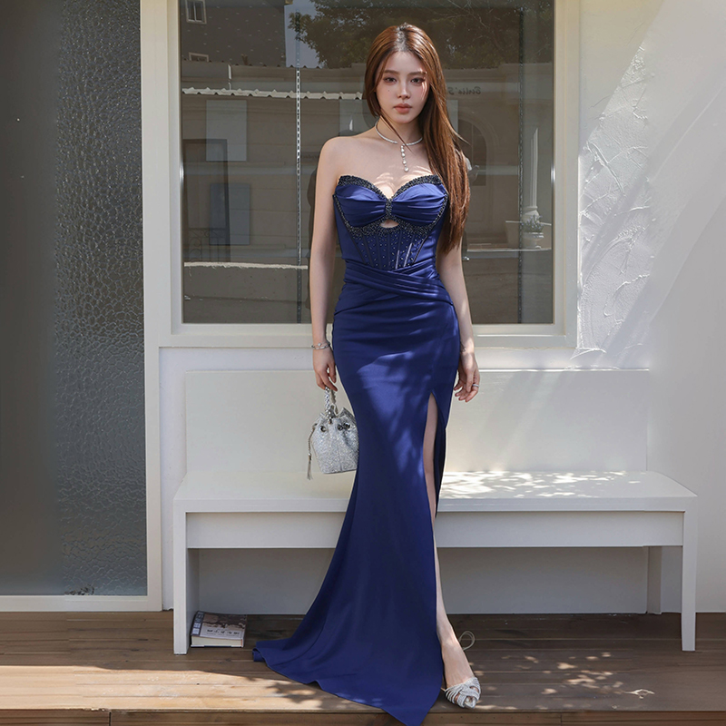 欣雪莎重工钉珠抹胸晚礼服绑带