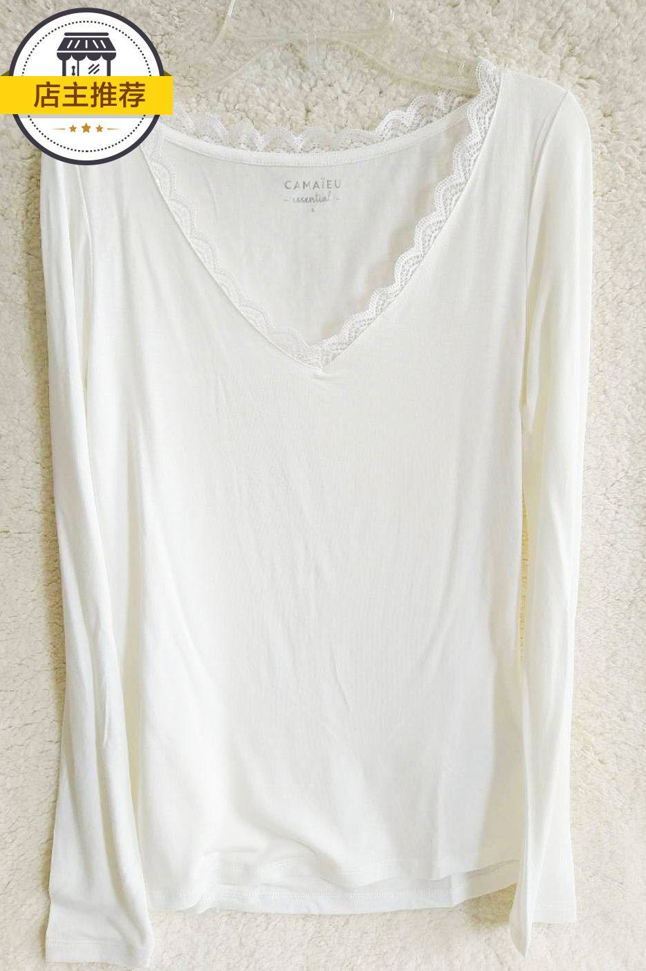 秋冬新品促销针织衫白色V领长袖蕾丝上衣莫代尔修身打底衫秋衣女