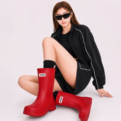 日系中筒雨鞋女时尚水鞋外穿防滑户外成人软底红色雨靴简约易搭配
