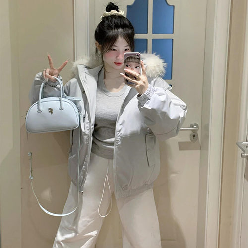 短款大毛领派克羽绒棉服女冬外套