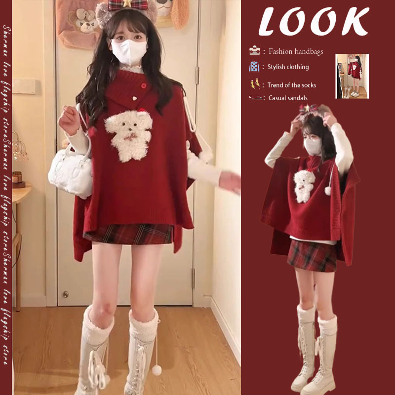 秋冬圣诞新年毛绒小狗针织衫半裙两件套装女