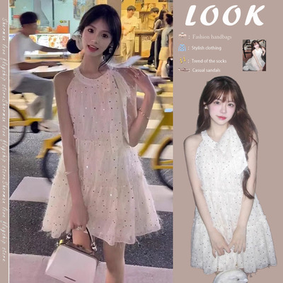 俏丝蔓法式蝴蝶结系带连衣裙女夏