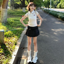 夏季小个子polo领短袖上衣百褶短裙时尚高级感洋气减龄两件套装女