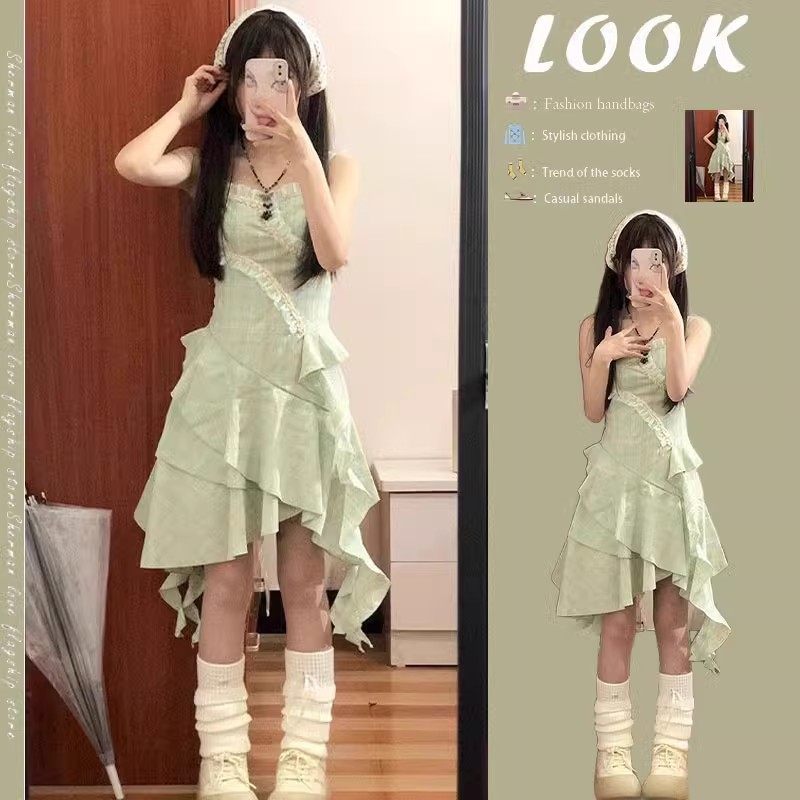 俏丝蔓夏装法式复古绿色连衣裙女