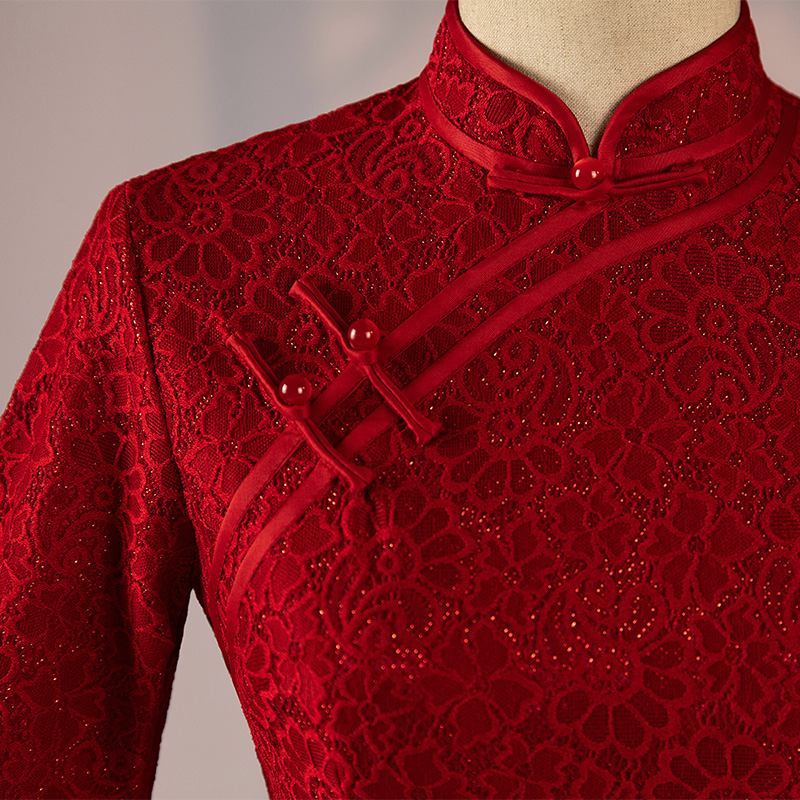 Cheongsam, summer evening dress for bride for mother, burgundy lace wedding dress, 2024 years, long sleeve