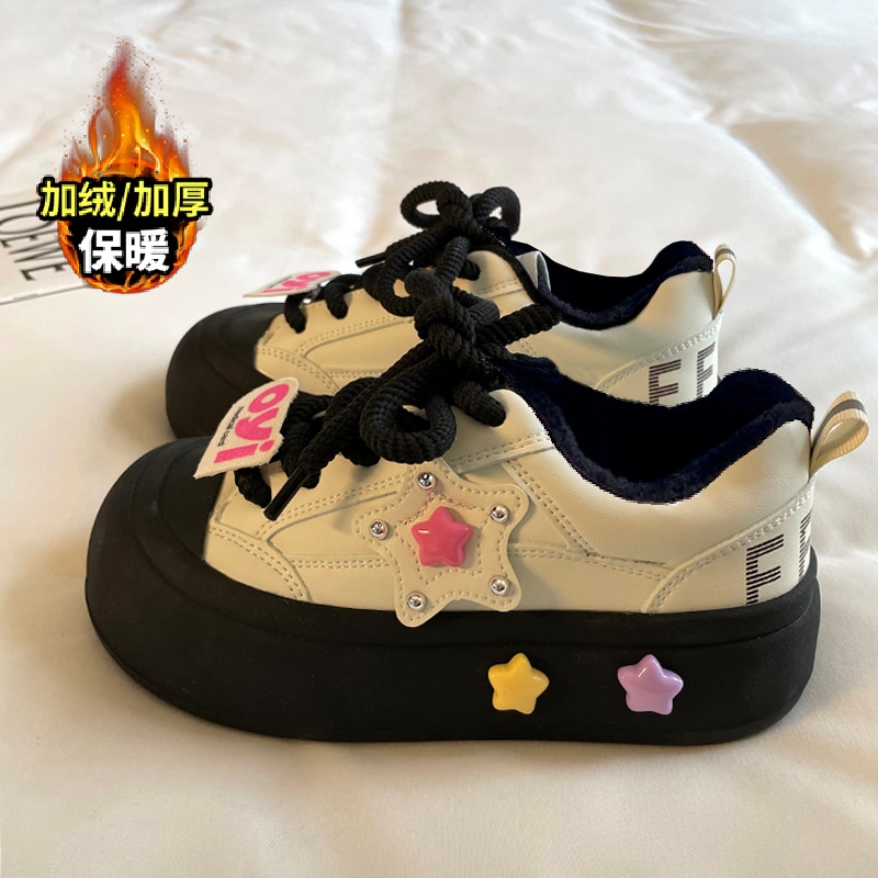 女童运动鞋2025秋冬季新款中大童大头加绒二棉星星板鞋女孩小白鞋