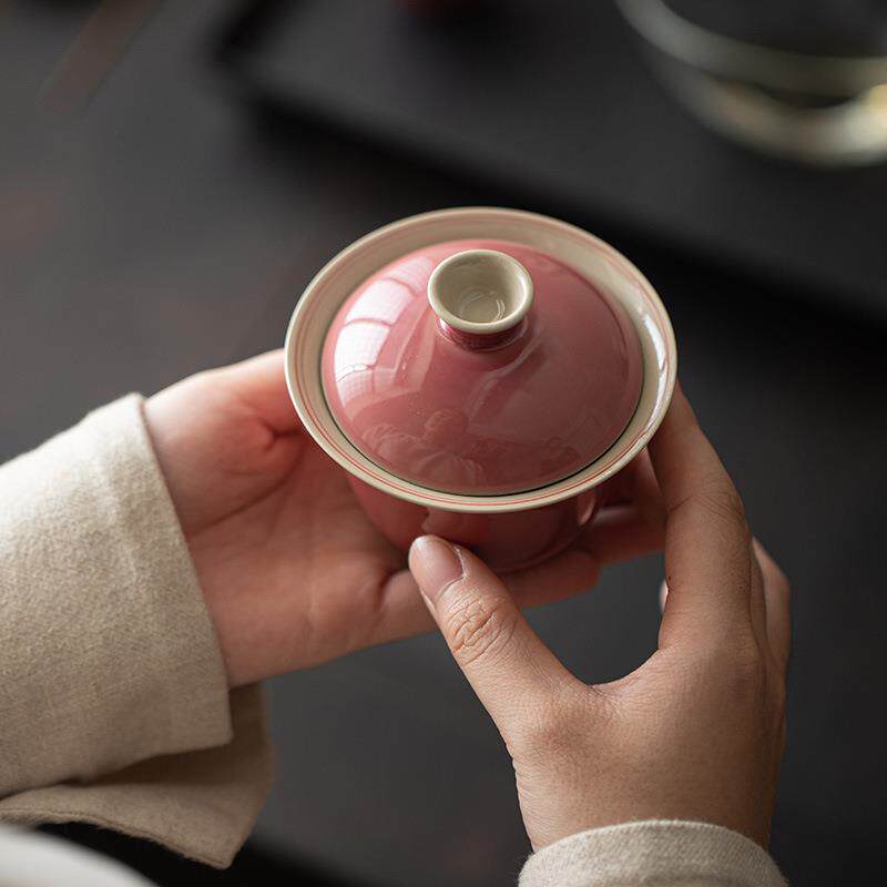 浅豆红仿古陶瓷盖碗双线手绘豇豆红防烫家用茶具泡茶碗