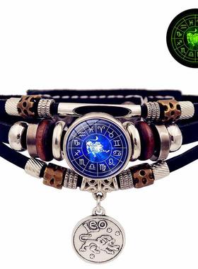 时尚潮流情侣手链夜光十二星座按扣手环复古多层串珠皮革手饰