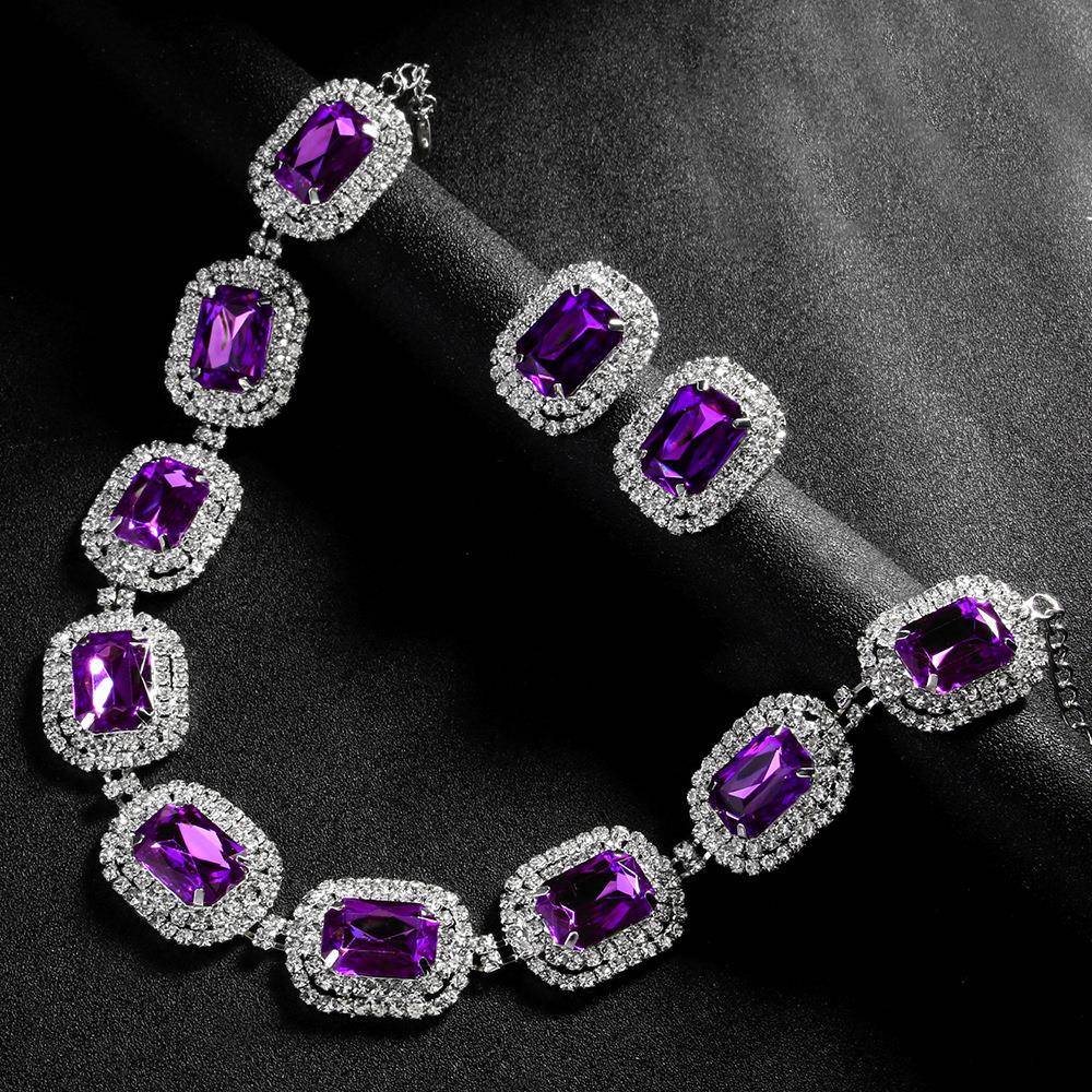 速卖通热销新娘浪漫紫色水钻钻项链耳环套装欧美时尚几何首饰套装