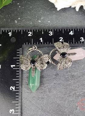 天然水晶绿东陵飞蛾吊坠双尖六角柱蜻蜓吊坠女项饰跨境饰品