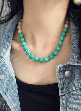 新中式复古高品质天然切面粉晶仿真绿松石项链毛衣链