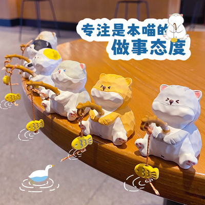 原创木雕风姜太猫钓鱼桌面摆件