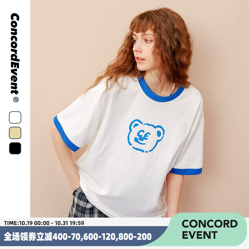 CONCORDEVENT情侶裝夏季潮牌男女T恤2022小清新小熊印花拼色短袖在類目 男裝, T恤中 - 來自Buy2taobao.com提供專業的淘寶代購服務