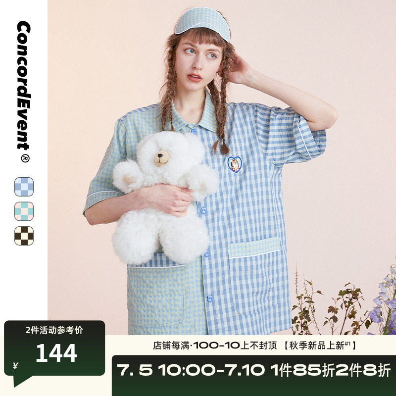CONCORDEVENT夏季新款短袖情侣睡衣薄款可外穿拼接格子家居服套装