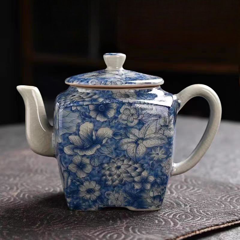 老陶泥四方壶青花瓷单个功夫茶具茶壶家用客厅办公防烫泡茶器茶杯