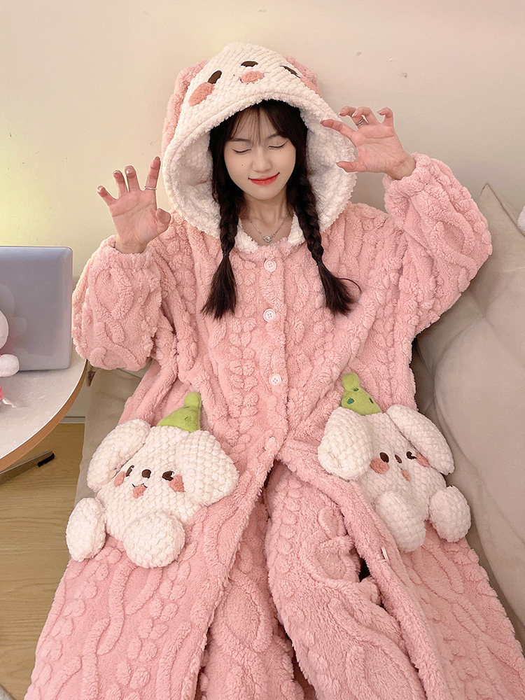 CORAL VELVET NIGHTGOWN WOMENS AUTUMN WINTER 2024 NEW VELVET THICKENED THERMAL PAJAMAS FLANNEL WINTER LOUNGEWEAR