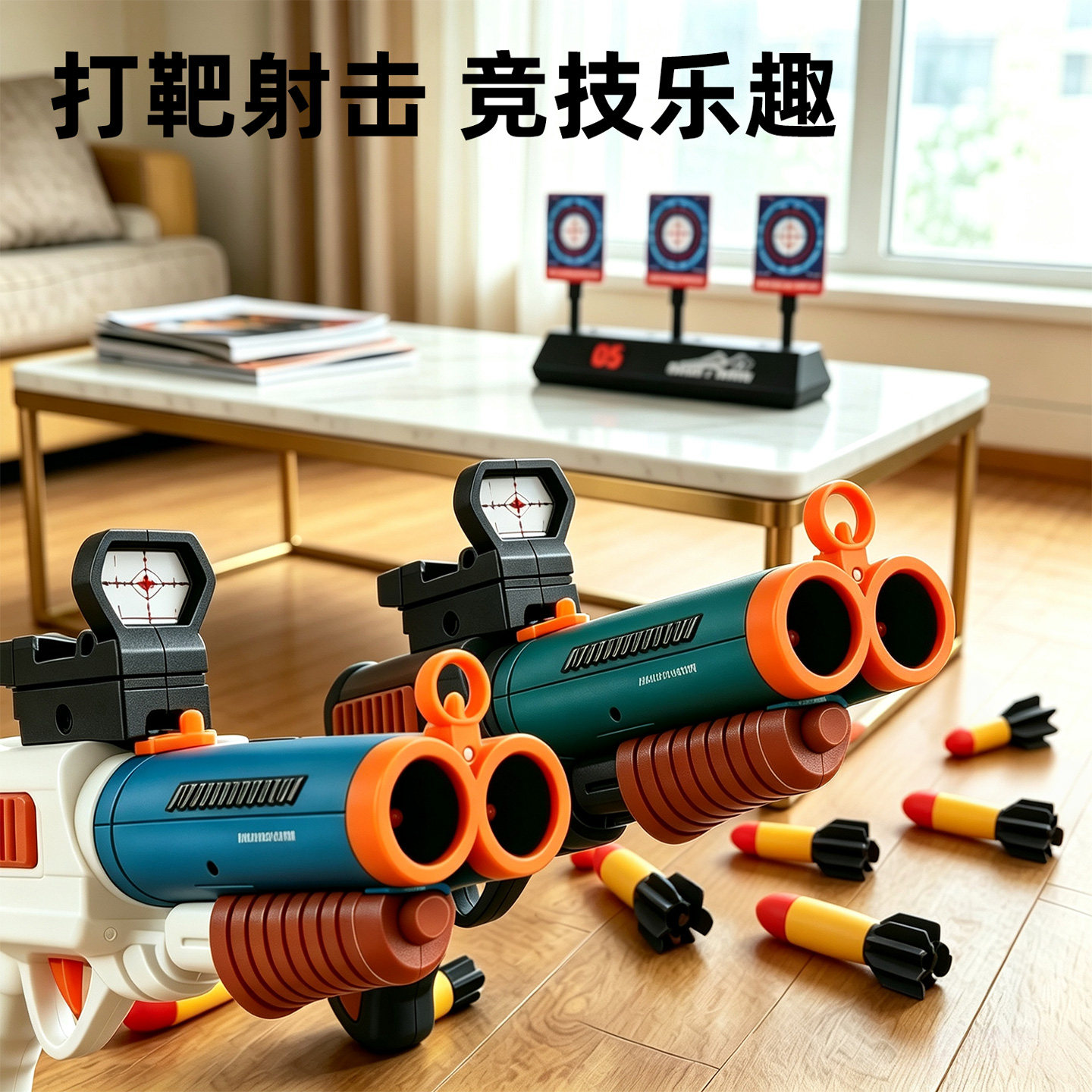 儿童打靶射击玩具枪亲子移动电子靶双响炮软弹枪双管男孩生日礼物 - 实物图