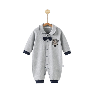 婴儿连体衣周岁礼服满月宝宝哈衣春秋英伦爬服翻领绅士风外出洋气