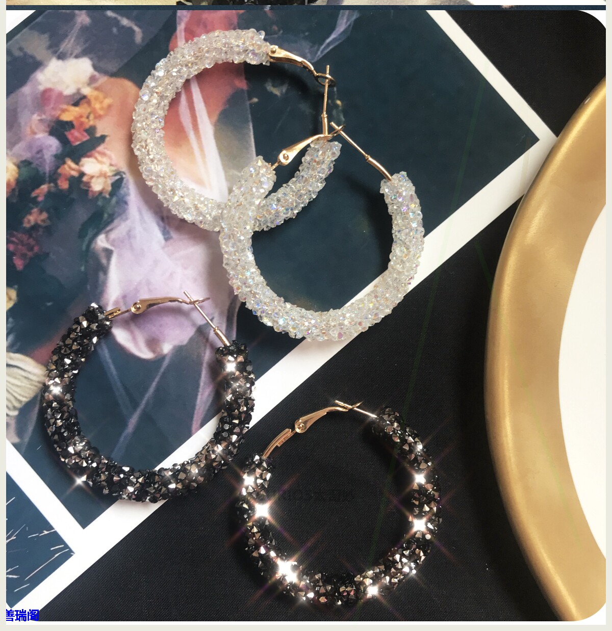 curios太奇妙软水晶环状耳圈耳环银白bling耳饰品闪闪发光几何圆