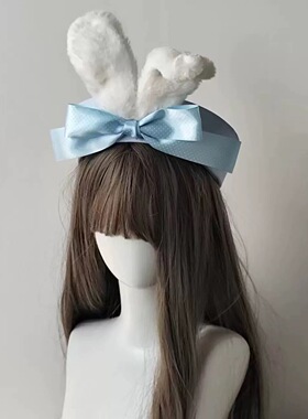 原创设计毛绒兔耳翻檐贝雷帽子甜美波点蝴蝶结水色海军风JK少女
