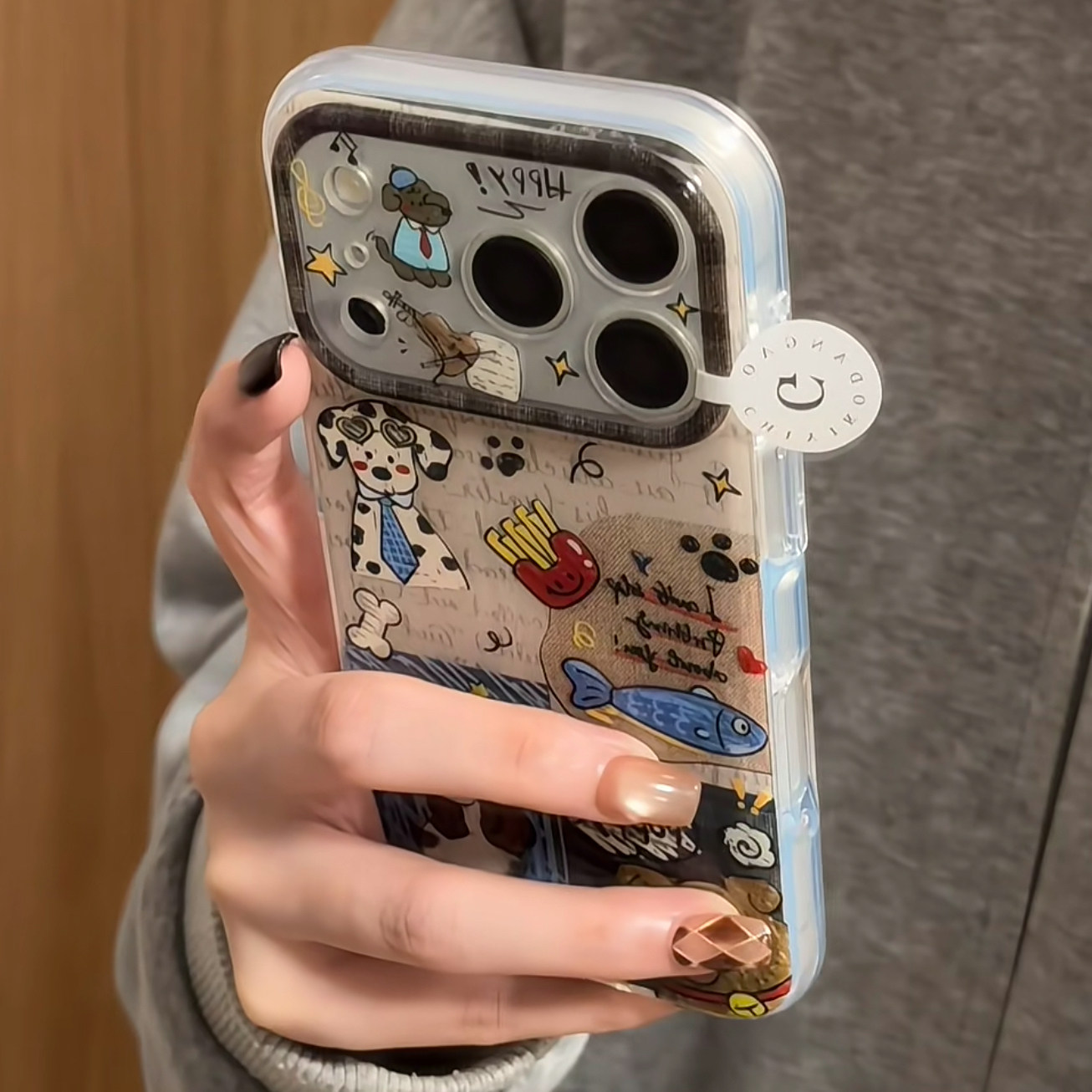 美牧 可爱涂鸦英文蓝色领带斑点狗适用苹果18promax手机壳iphone17pro新款15女16pro创意18pro全包防摔手机套图片