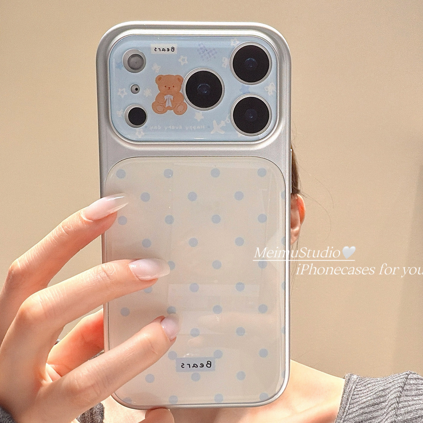 美牧 ins韩系baby蓝可爱波点小熊适用苹果17promax手机壳iphone16pro新款13女14pro创意15pro全包防摔手机套图片
