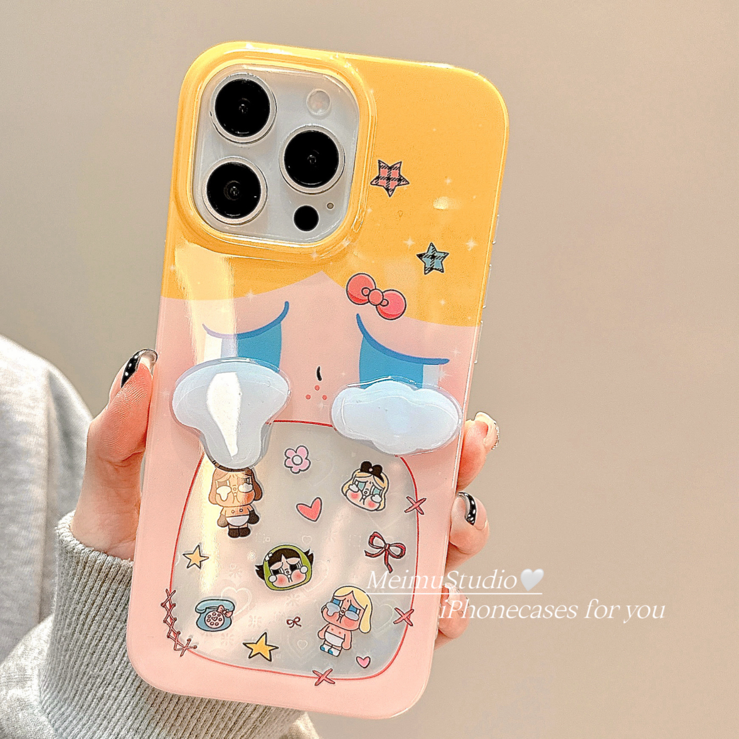 美牧趣味可爱镂空镭射爱心哭娃适用苹果17promax手机壳iphone16新款15pro卡通17少女14pm创意13个性16pro全包