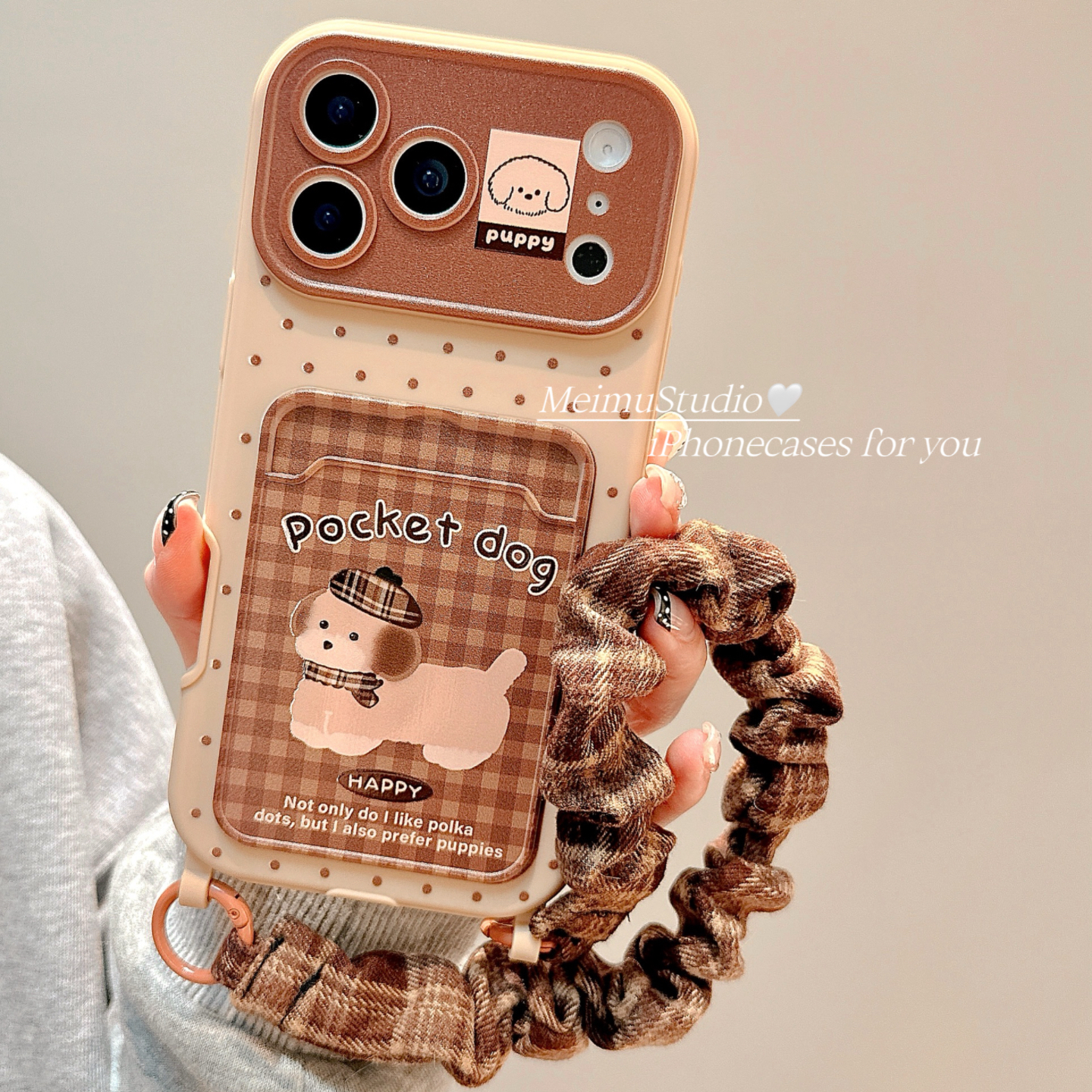 卡通格纹小狗卡包适用苹果手机壳