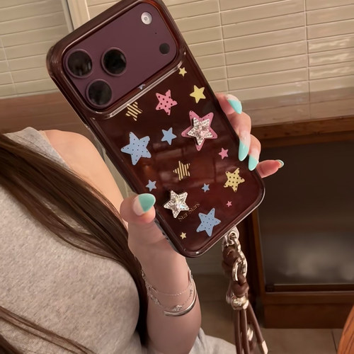 美牧韩风樱桃红彩色立体星星适用苹果18promax手机壳iphone17promax新款15女16pro带挂绳17pro全包防摔手机套
