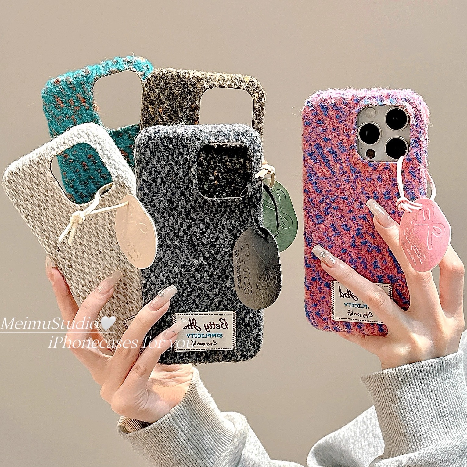 秋冬撞色编织绒布适用苹果手机壳