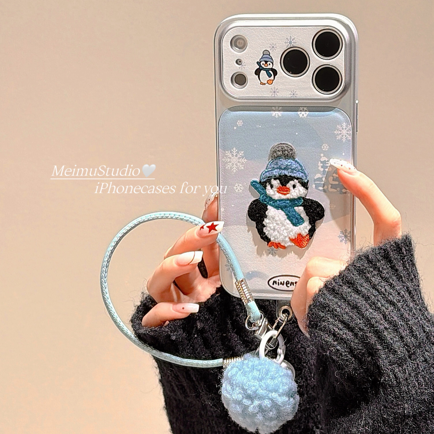 可爱卡通刺绣企鹅适用苹果手机壳