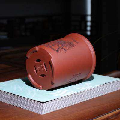 圆口形桶盆周向红精品紫砂花盆雕刻山水小盆景盆栽多肉兰花盆菖w.