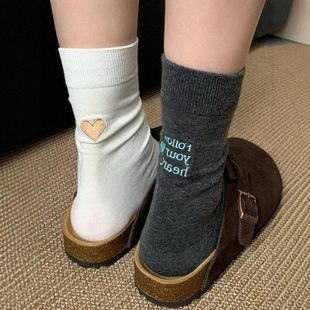 韩系爱心字母秋冬无骨中筒袜 配小皮鞋 韩版 袜子女灰色堆堆袜春秋款
