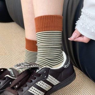 韩版 袜子女美拉德ins东大门撞色罗口条纹袜春秋日系堆堆袜中筒袜