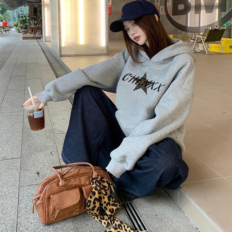 春秋季灰色连帽卫衣女运动韩版宽松学生慵懒风纯棉中长款休闲外套