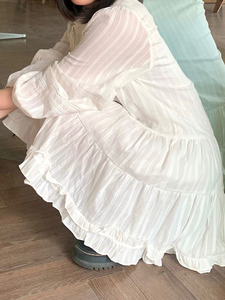 rainy design宽松短袖法式重工流苏系带花边公主白色连衣裙女