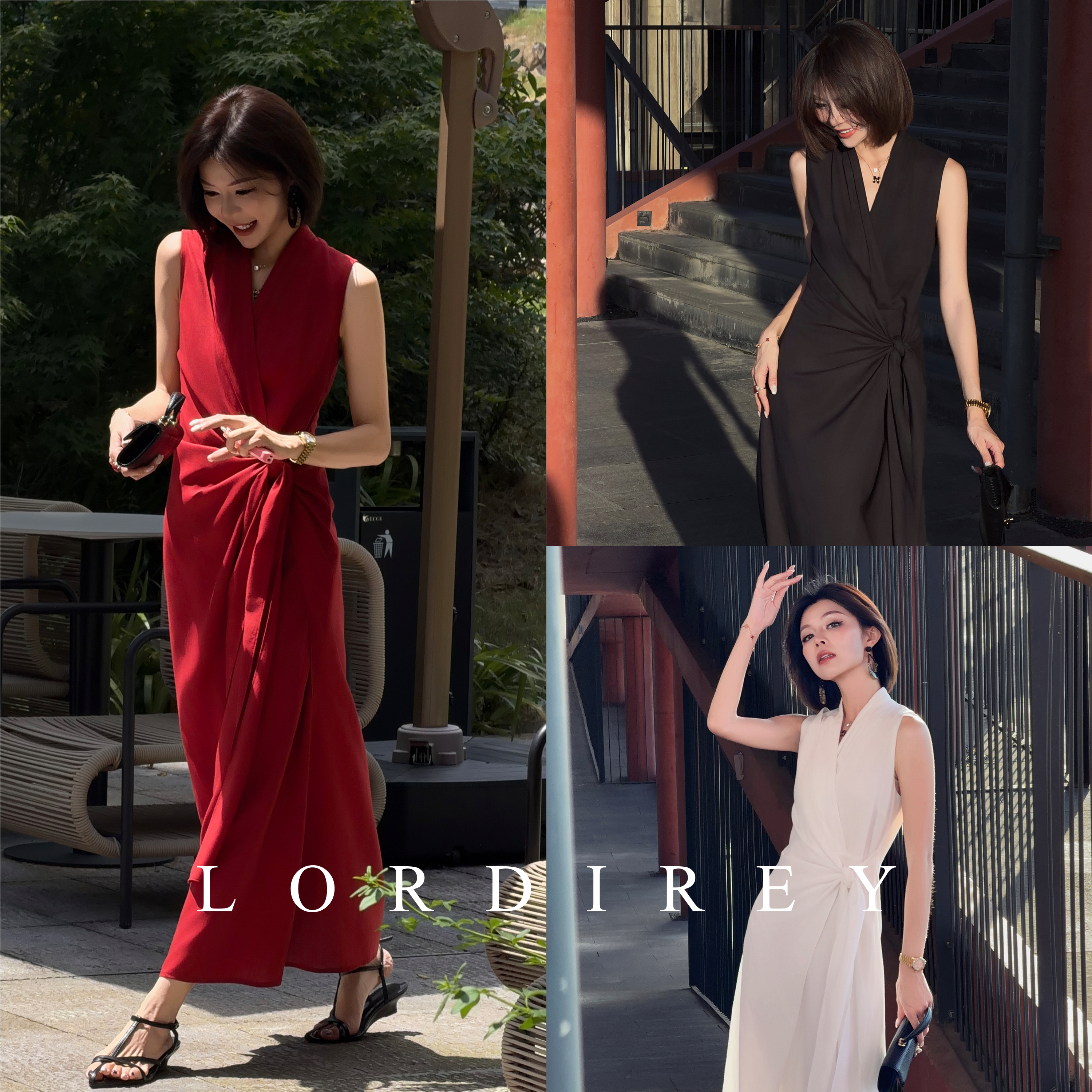 LORDIREY/【浅凝】法式缎面V领收腰无袖连衣裙女显瘦通勤气质长裙图片