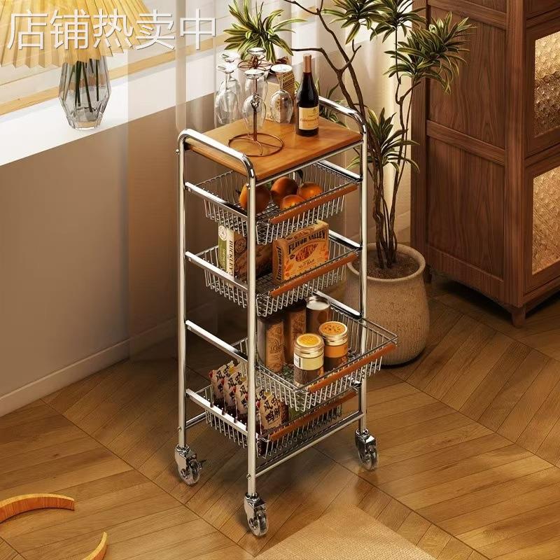 落地收纳零食移动架家用客厅储物架多层置物架中古带轮收纳小推车