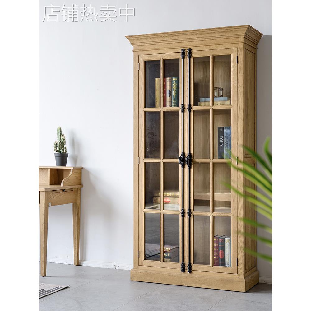 美式乡村 法式复古风格实木家具天地锁玻璃橡木书柜全实木书柜