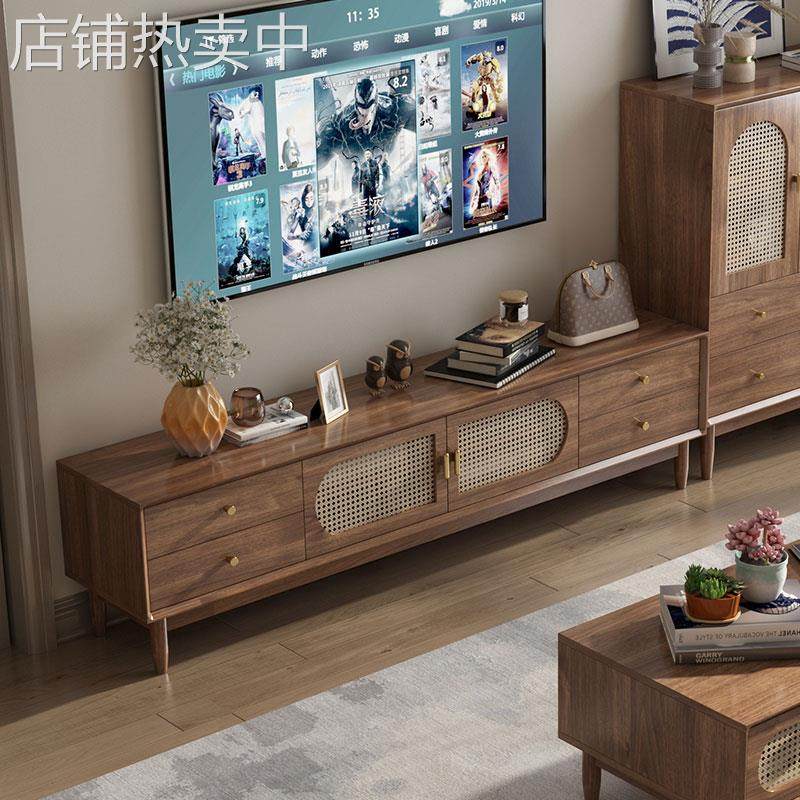实木中古风电视机柜复古藤编茶几2025新款客厅家用法式落地储物柜