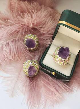 天然紫色矿石水晶开口手工镶嵌女款食指戒指微瑕厂家紫水晶