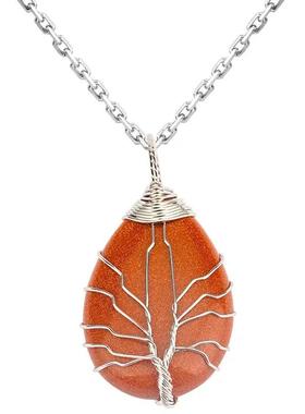 天然石吊坠水滴形绕线生命树项链手工绕丝多色项坠跨境小饰品