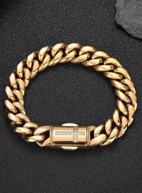 欧美爆款热销不锈钢古巴链迈阿密微镶锆石弹簧按扣个性头潮流手链