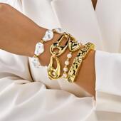 创意不规则熔岩褶皱珍珠拼接手镯套装 欧美跨境新款 手镯个性 配饰