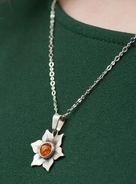 wish速卖通创意合金花瓣橙色宝石吊坠时尚项链项饰