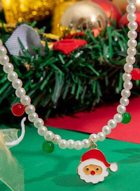 欧美跨境圣诞节雪人吊坠珍珠项链女百搭红绿色秋冬卡通毛衣链女