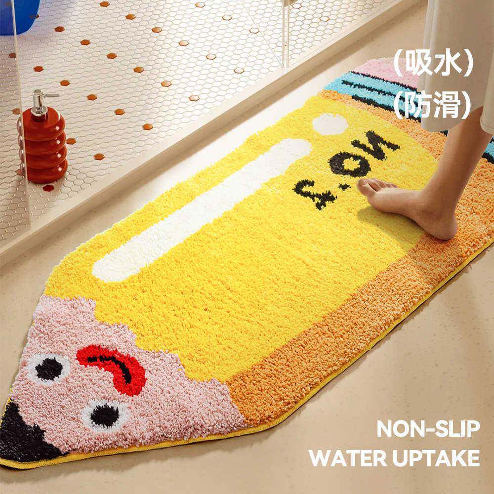卡通黄色铅笔植绒地毯儿童房卧室簇绒床边毯防滑地垫浴室吸水脚垫