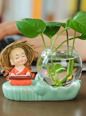 草帽小和尚绿萝水培花瓶办公室桌面摆件水养器皿花器创意摆件