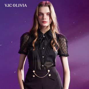 法式 VJC OLIVIA2024夏季 钉珠蕾丝泡泡短袖 上衣通勤女新品 立领衬衫